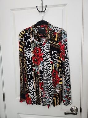 REASON Black Button-Down Shirt with Red Floral & Gold Chain Print